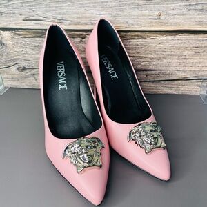 VERSACE Pink leather Heels with Silver Medussa Embellishment NWT